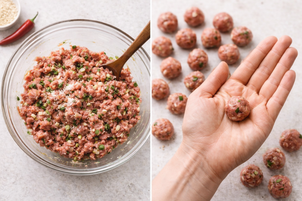 Hand rolling tiny Asian meatballs from seasoned ground pork mixture in a glass bowl