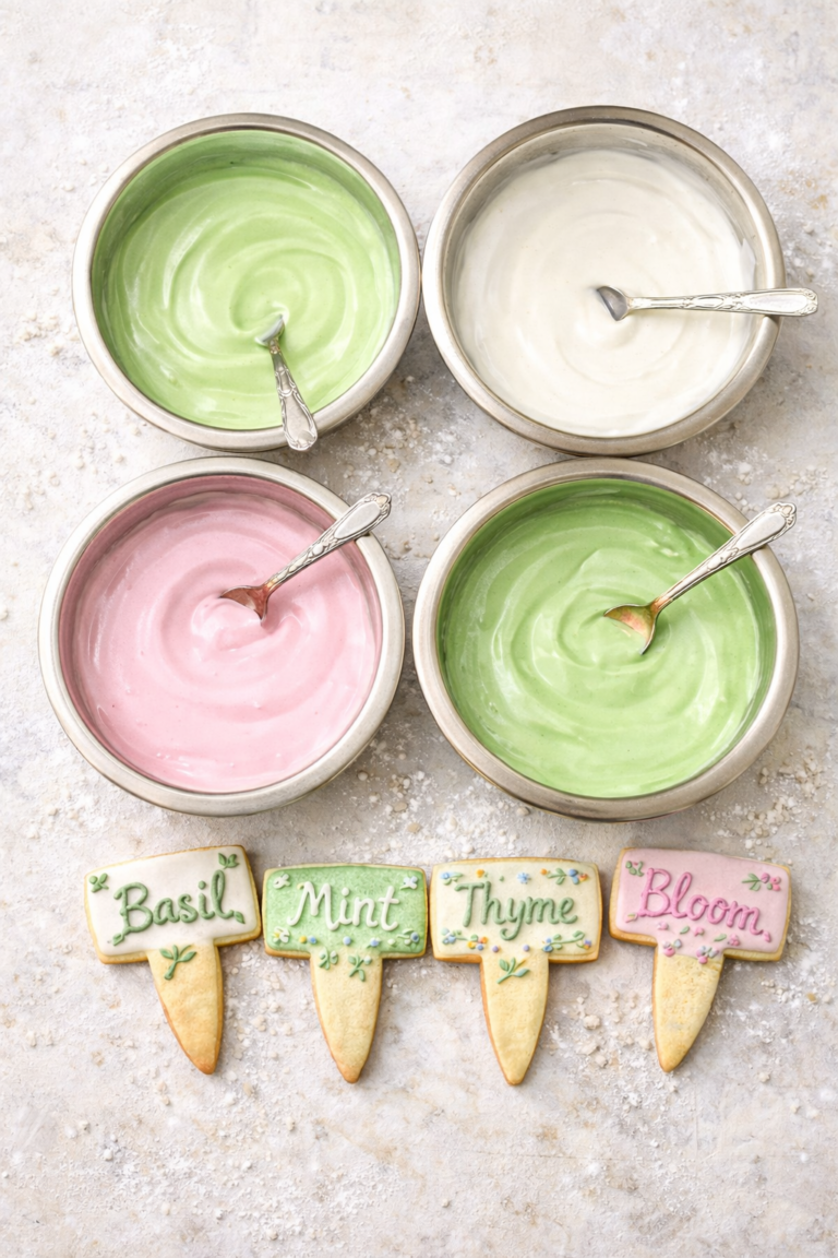 Flat lay of royal icing in pastel green, pink, and white bowls with copper spoons, styled on a light neutral background with decorated herb marker sugar cookies.