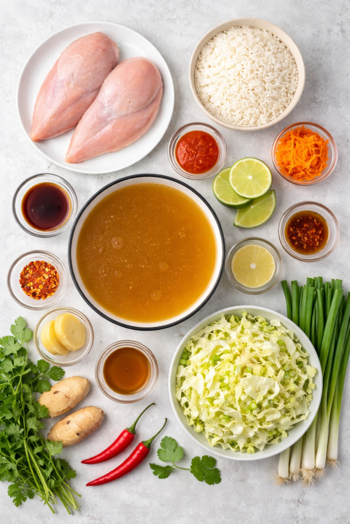 Ingredients needed for easy Saigon chicken rice soup arranged flat lay