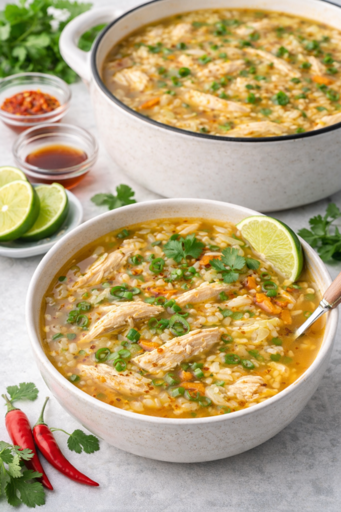 Saigon chicken rice soup with golden broth and shredded chicken served in a bowl