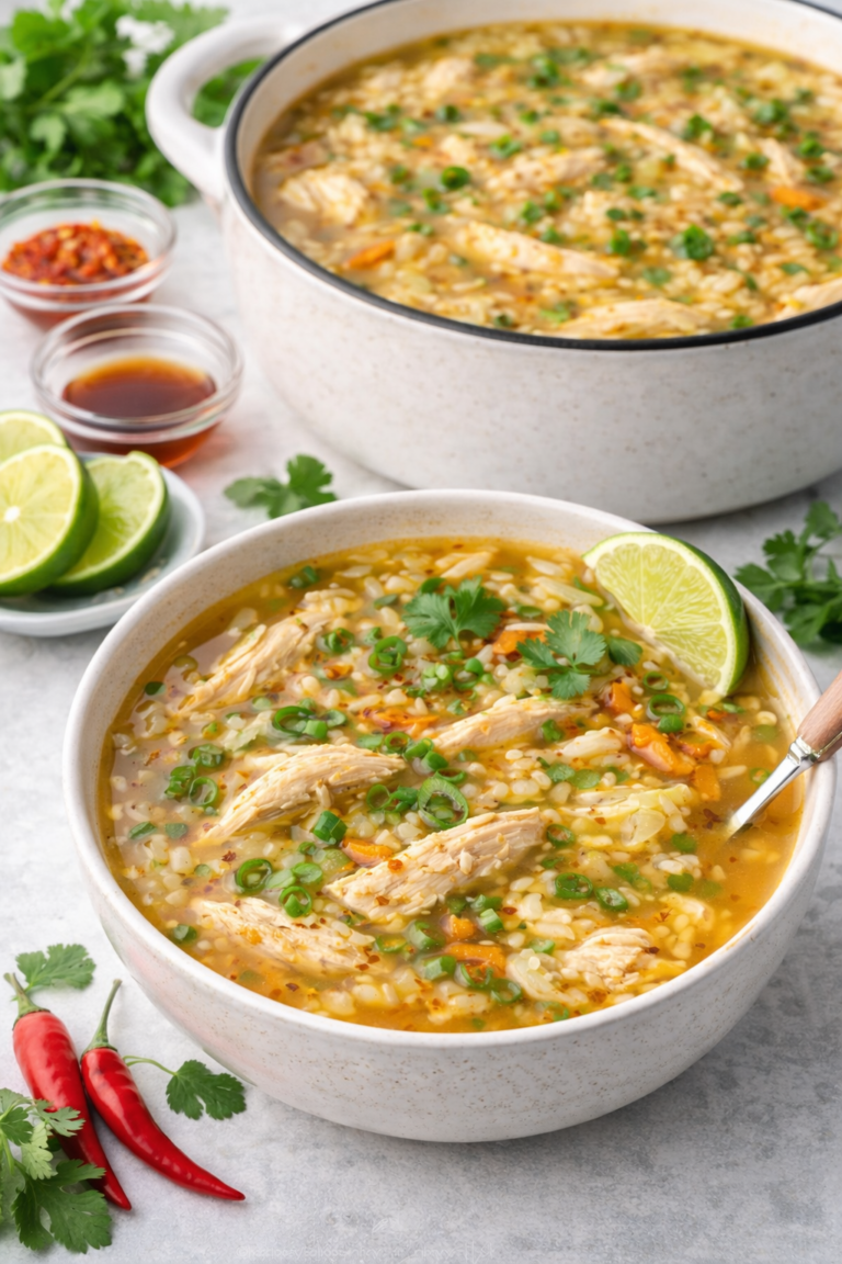 Saigon chicken rice soup with golden broth and shredded chicken served in a bowl
