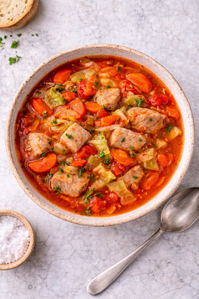 Bird’s-eye view of rustic pork and cabbage soup with carrots and tomatoes in a ceramic bowl on a light marble background