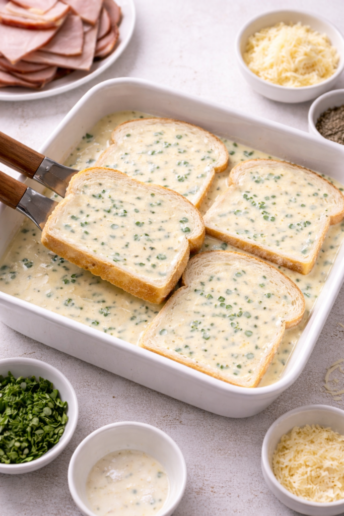 Thick slices of white bread soaking in oregano-infused egg custard for savory French toast