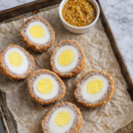 Halved Scotch eggs with crispy breadcrumb coating arranged on a well-used baking sheet lined with wrinkled parchment paper, served with spicy mustard on a marble counter.