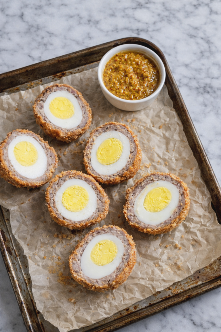 Halved Scotch eggs with crispy breadcrumb coating arranged on a well-used baking sheet lined with wrinkled parchment paper, served with spicy mustard on a marble counter.