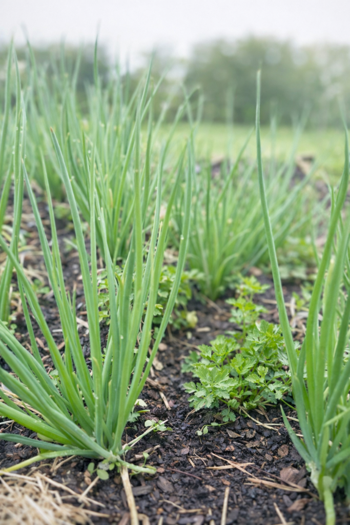 Shallots growing in raised garden bed interplanted with celery and lovage