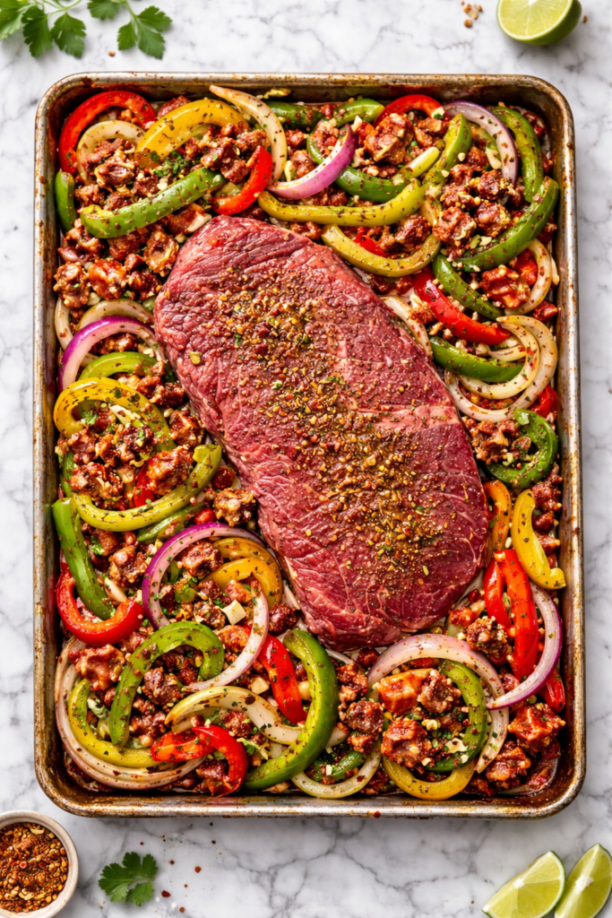 Raw flank steak and seasoned bell peppers, onions, and chorizo arranged on a sheet pan before cooking