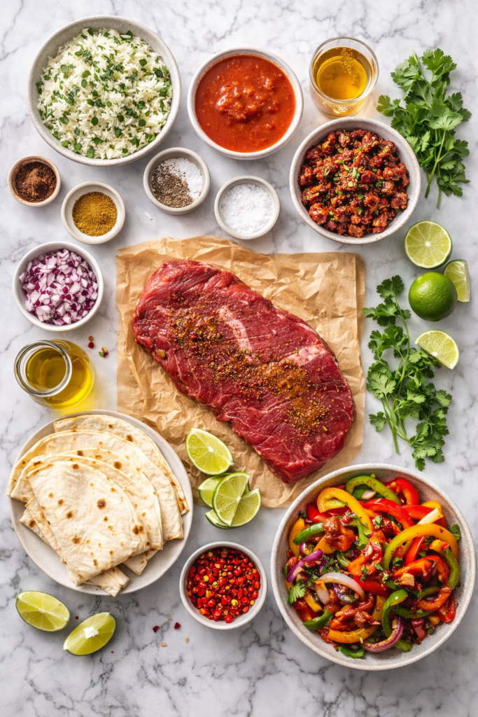 Flat lay of ingredients for sheet pan Southwestern steak including flank steak, bell peppers, chorizo, tortillas, cilantro lime rice, tomatoes, and spices on a marble surface