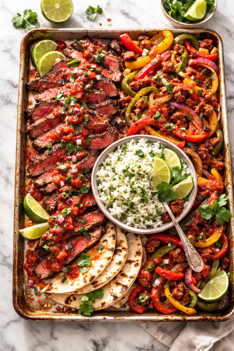Sheet pan Southwestern steak with roasted peppers, chorizo, cilantro lime rice, and warm tortillas on a marble surface