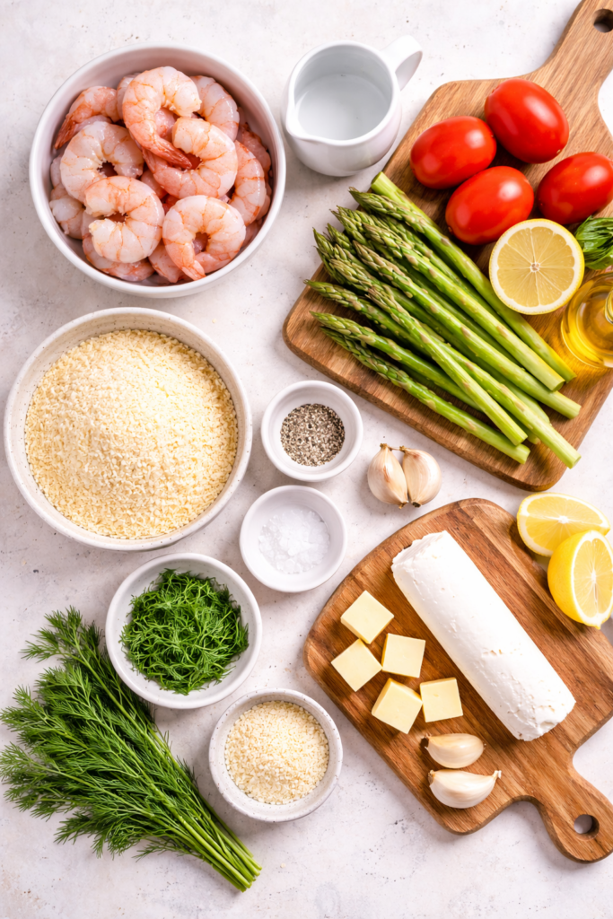 Flat lay of shrimp and grits tart ingredients including shrimp, grits, asparagus, tomatoes, goat cheese, butter, and fresh dill