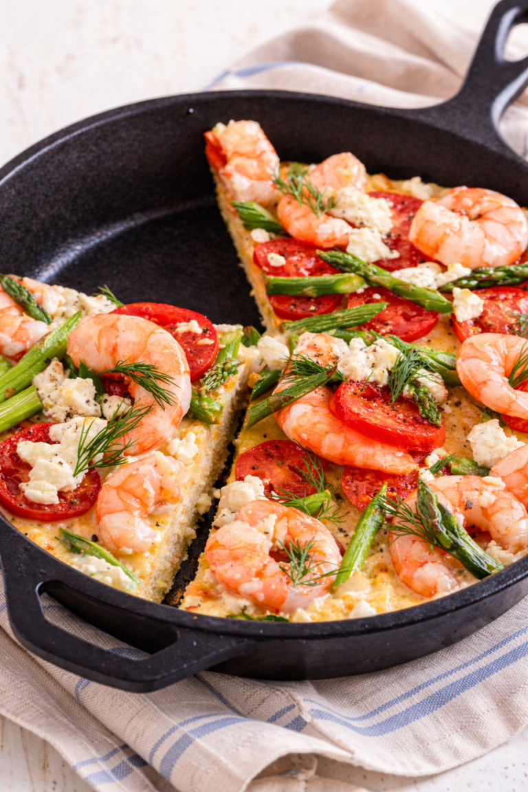 Shrimp and grits tart baked in a cast iron skillet with goat cheese, asparagus, tomatoes, and fresh dill