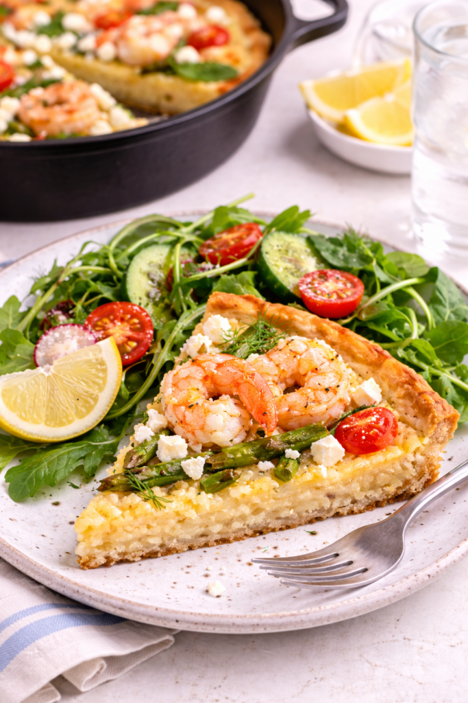 Slice of shrimp and grits tart served on a plate with fresh green salad