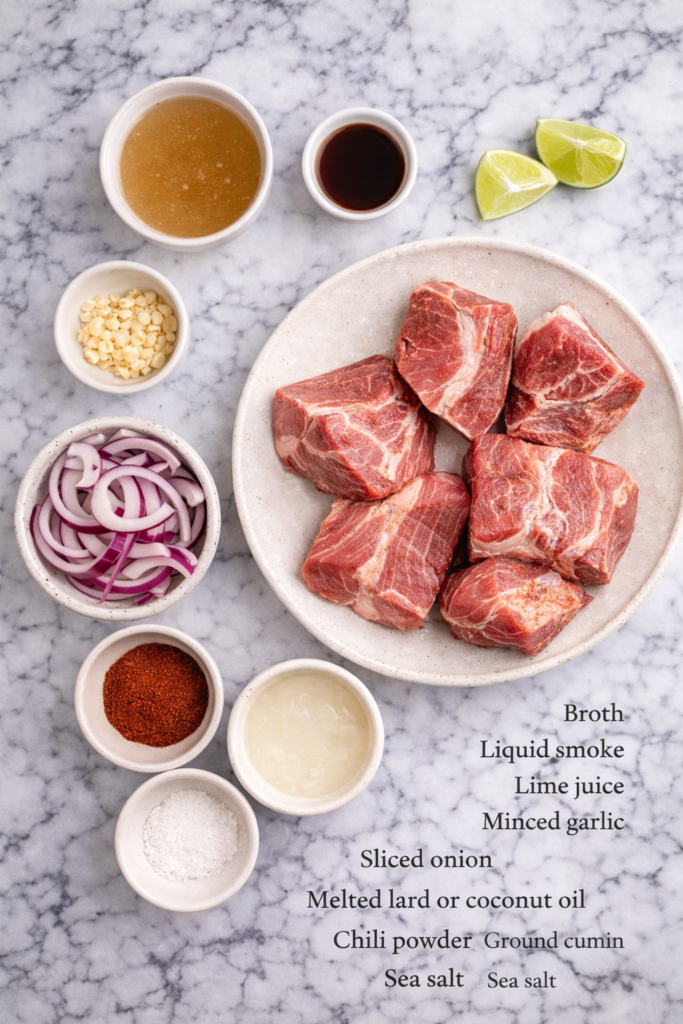 Flat lay of ingredients for slow cooker carnitas including pork shoulder, spices, lime, onions, garlic, broth, and liquid smoke on a marble background.