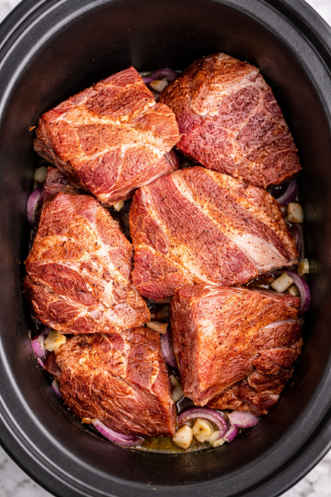Seasoned pork shoulder chunks with onions and garlic in a slow cooker before cooking carnitas.