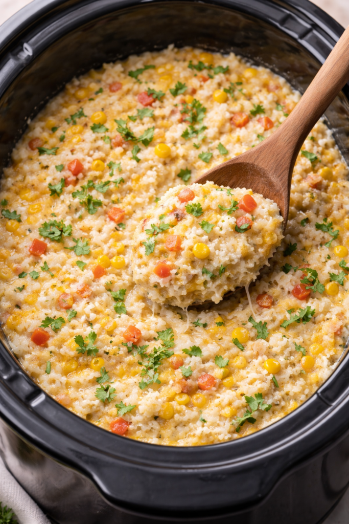 Creamy slow cooker green chile rice casserole finished in the crockpot with a spoon scooping out a cheesy serving.