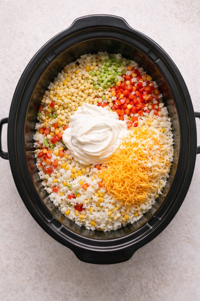 Slow cooker green chile rice casserole ingredients layered in a crockpot before cooking with rice, sour cream, cheese, corn, and peppers.