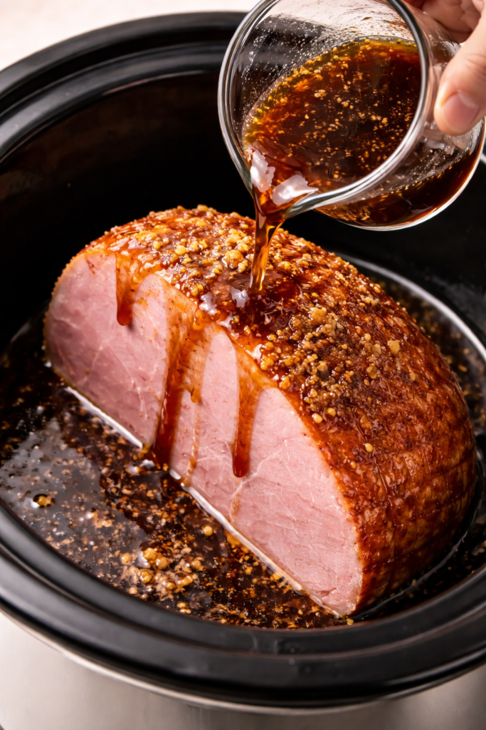 Brown sugar glaze being poured over boneless ham in a slow cooker before cooking.