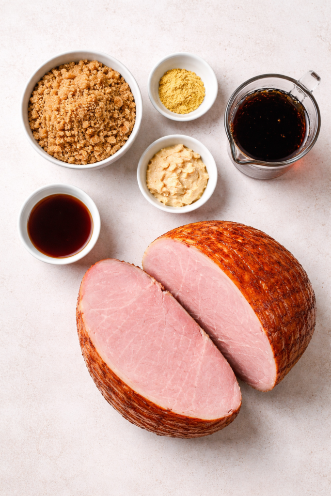 Flat lay of ingredients for slow cooker ham including brown sugar, mustard, horseradish, cola, and boneless ham on a light background.