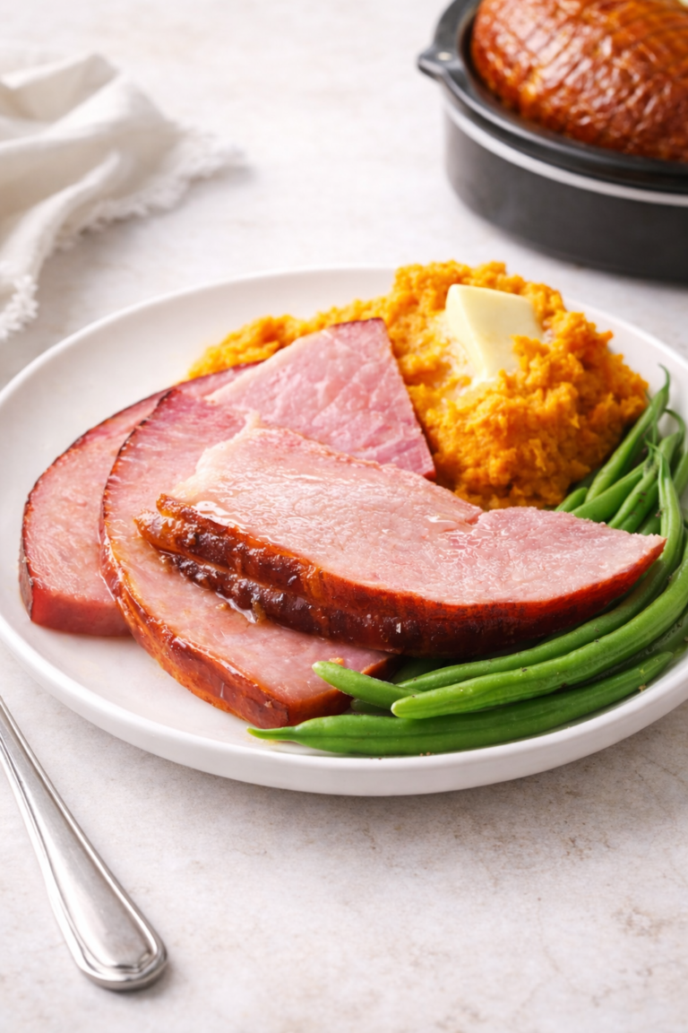 Sliced brown sugar glazed ham served with mashed sweet potatoes and green beans on a white plate with whole ham roast in background.