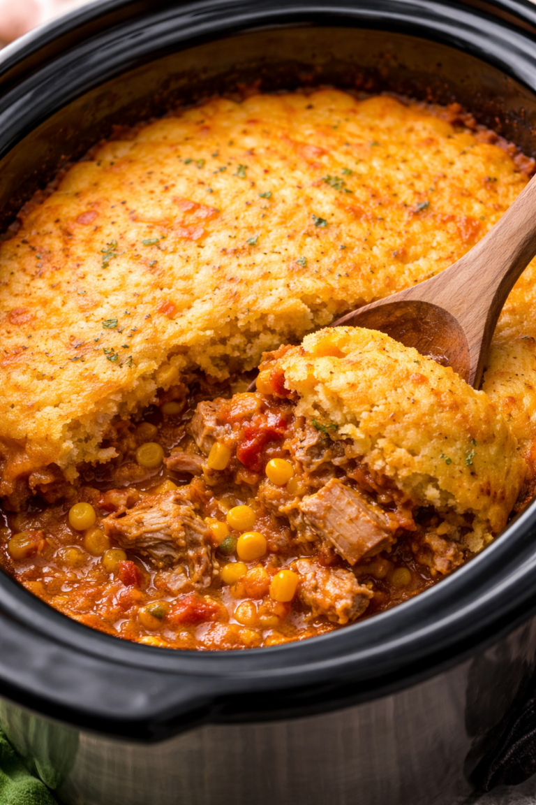 Vertical image of homemade tamale pie cooked in a crockpot with a serving scooped out, showing layers of tender pork, corn, and tomato filling beneath a golden cornbread crust.