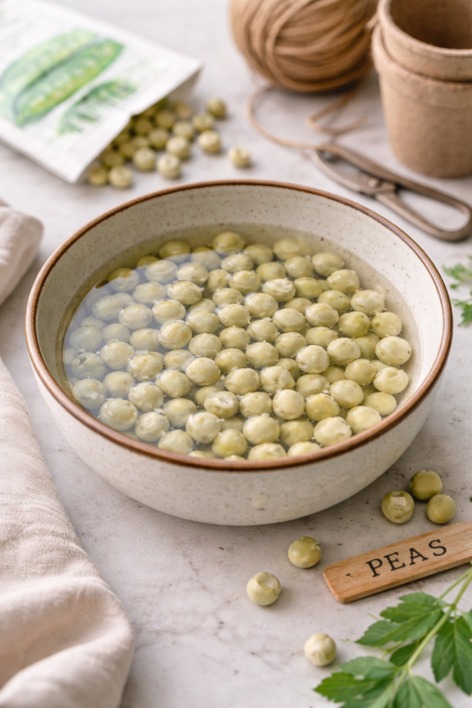 Pea seeds soaking in water in a ceramic bowl on a light marble surface before planting.