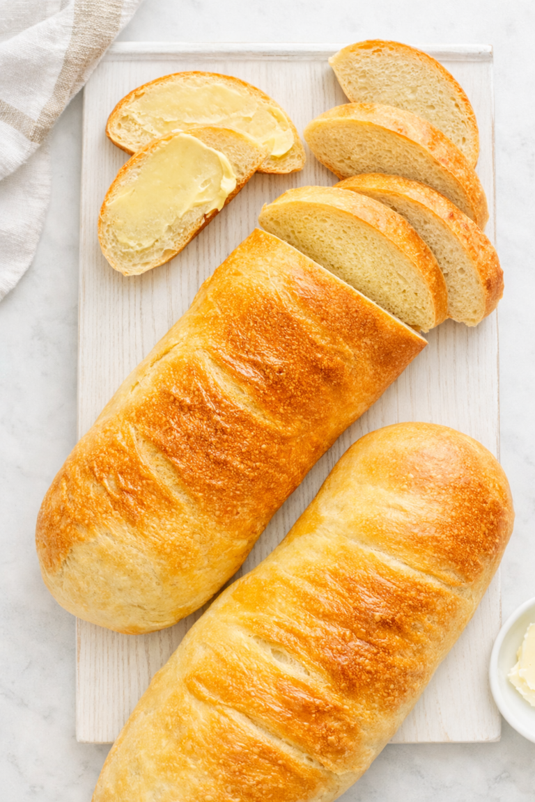 Light and bright homemade sourdough French bread loaves with a golden crust, sliced and served on a white board with butter, bakery-style and rustic.