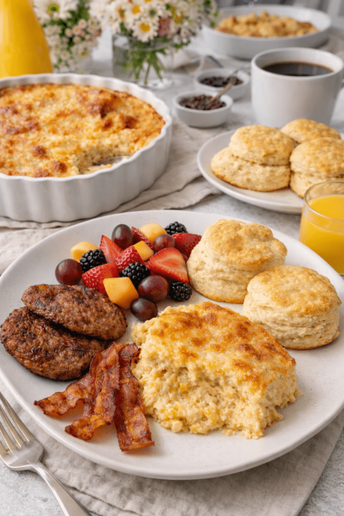 Southern cheesy grits casserole served on a plate with bacon, sausage, fresh fruit, and biscuits on a Sunday brunch table.