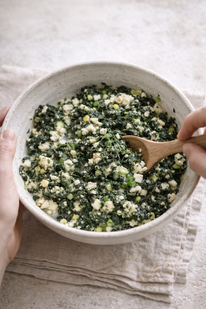 Hands mixing spinach and feta filling in a ceramic bowl with green onions, garlic, dill, and butter for spanakopita pull-apart rolls.