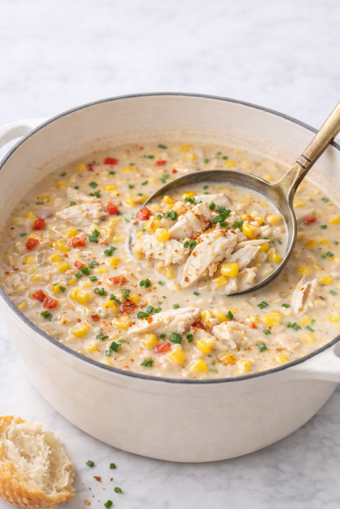 Creamy spicy Cajun corn and crab soup made in one pot with tender lump crab meat, sweet corn, and Cajun seasoning.