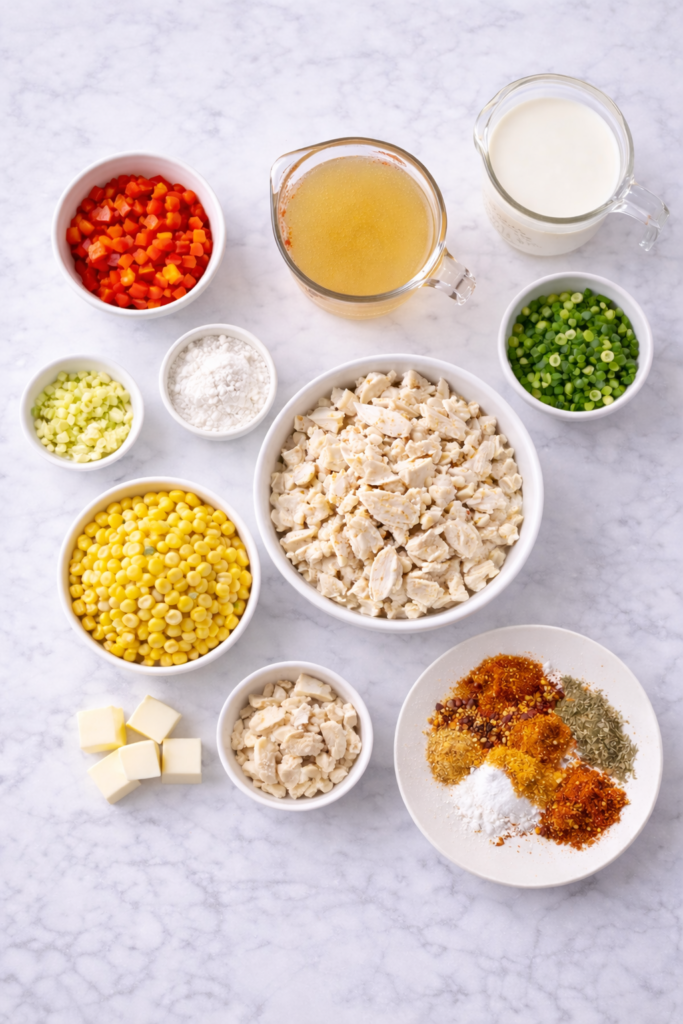 Flat lay of ingredients for spicy Cajun corn and crab soup including lump crab meat, sweet corn, seafood stock, cream, vegetables, butter, flour, and Cajun spices.