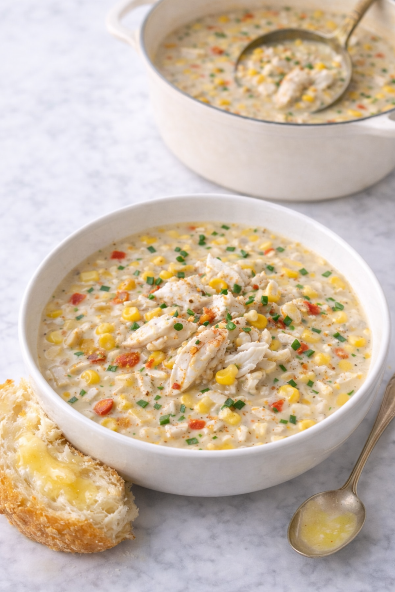 Bowl of creamy spicy Cajun corn and crab soup served with crusty bread and melted butter, with the soup pot in the background.