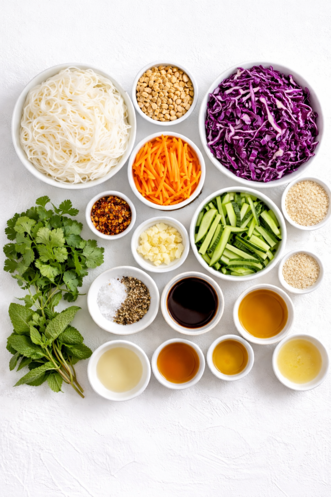 flat lay of spring roll in a bowl salad ingredients with rice noodles fresh vegetables herbs and ginger dressing