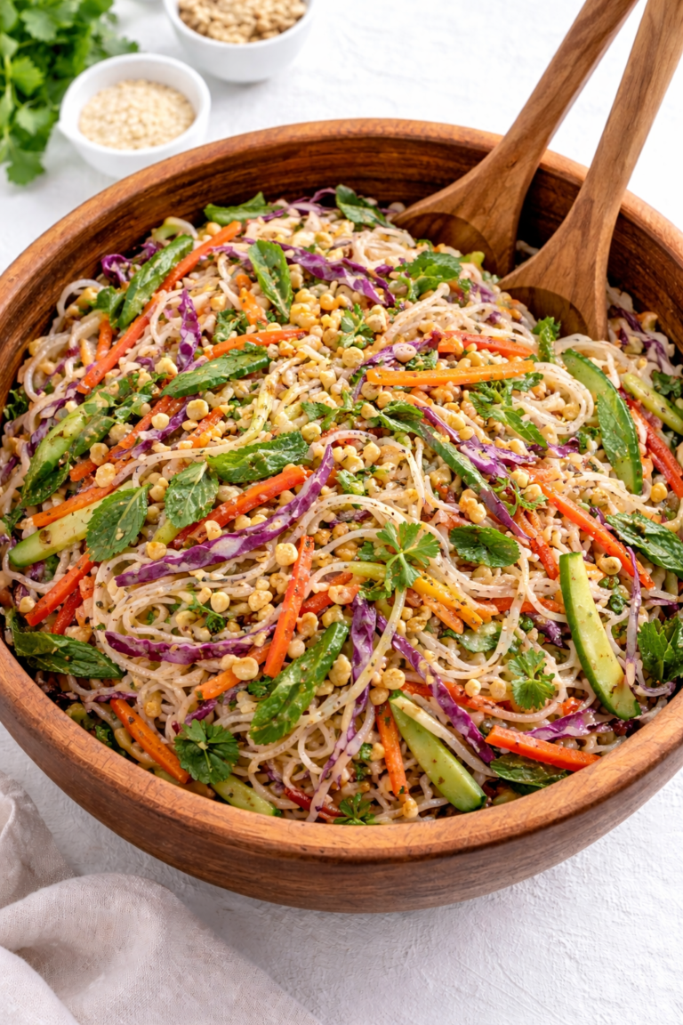 spring roll in a bowl salad tossed together in a wooden bowl with rice noodles coated in ginger dressing