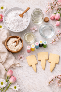 Spring-themed flat lay of royal icing ingredients including powdered sugar, meringue powder, corn syrup, gel food coloring, and blank plant tag–shaped sugar cookies on a light marble surface with fresh flowers.