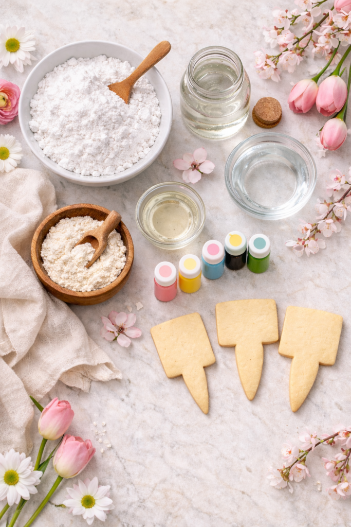 Spring-themed flat lay of royal icing ingredients including powdered sugar, meringue powder, corn syrup, gel food coloring, and blank plant tag–shaped sugar cookies on a light marble surface with fresh flowers.