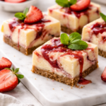Strawberry earthquake cheesecake bars with strawberry swirl and graham cracker crust served on a marble board with fresh strawberries and mint