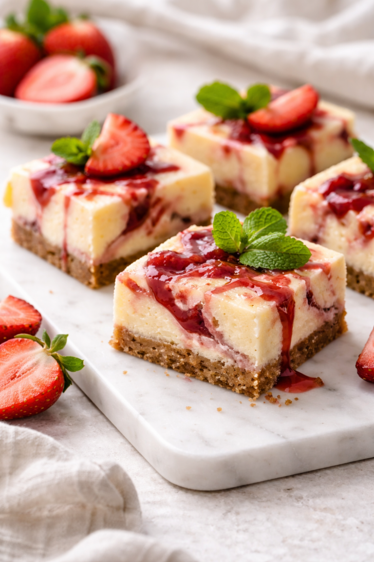 Strawberry earthquake cheesecake bars with strawberry swirl and graham cracker crust served on a marble board with fresh strawberries and mint