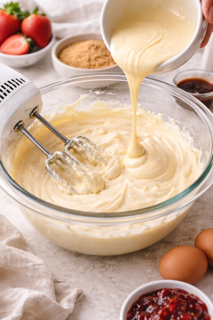 Strawberry earthquake cheesecake batter being mixed in a glass bowl with a hand mixer and melted white chocolate being poured in
