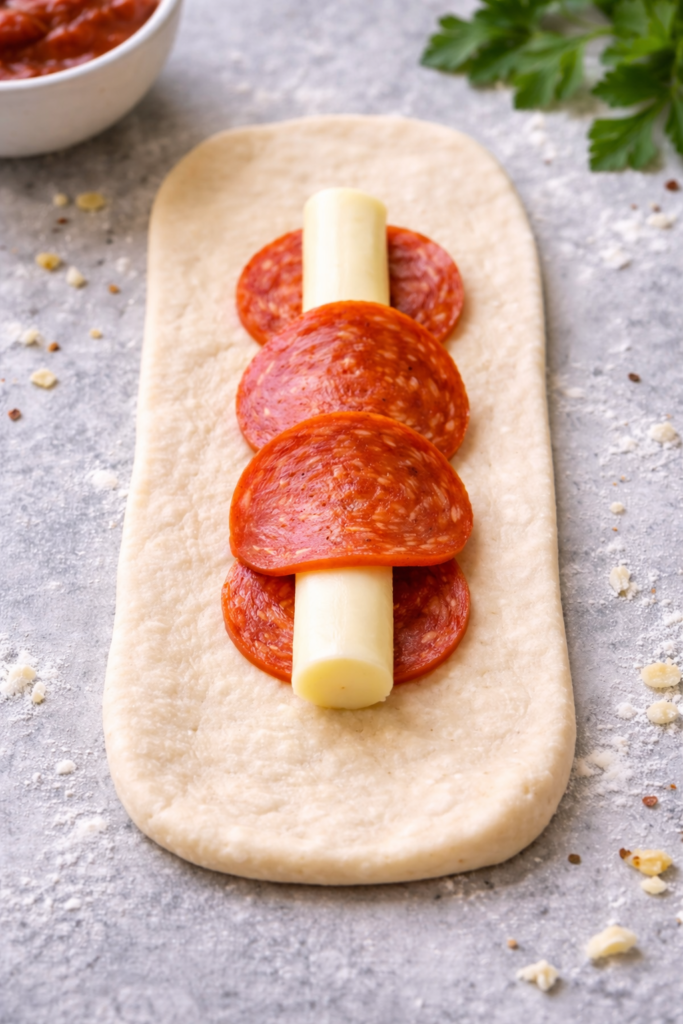 Mozzarella cheese stick and pepperoni slices placed on a flat strip of pizza dough before rolling into stromboli sticks.