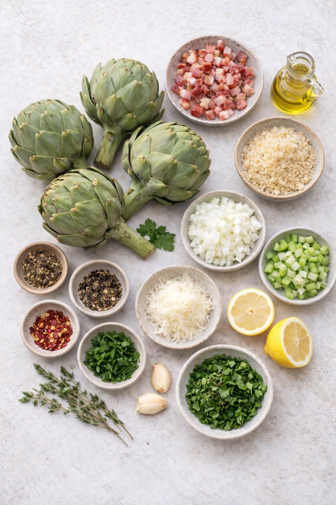 Flat lay of ingredients for baked stuffed artichokes including fresh artichokes, pancetta, breadcrumbs, onion, celery, garlic, herbs, lemon, and olive oil on a light neutral background.