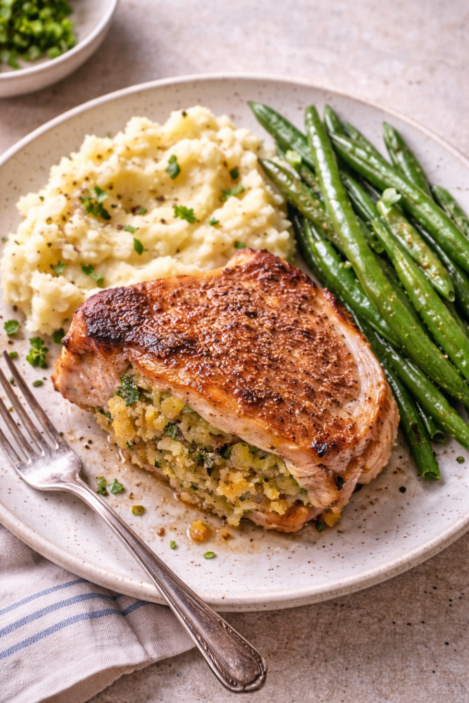 Golden stuffed pork chop served on a neutral plate with creamy mashed potatoes and sautéed green beans for a classic comfort food dinner.