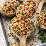 Spoonful of pancetta and herb breadcrumb stuffing being added to a halved artichoke in a baking pan before roasting.