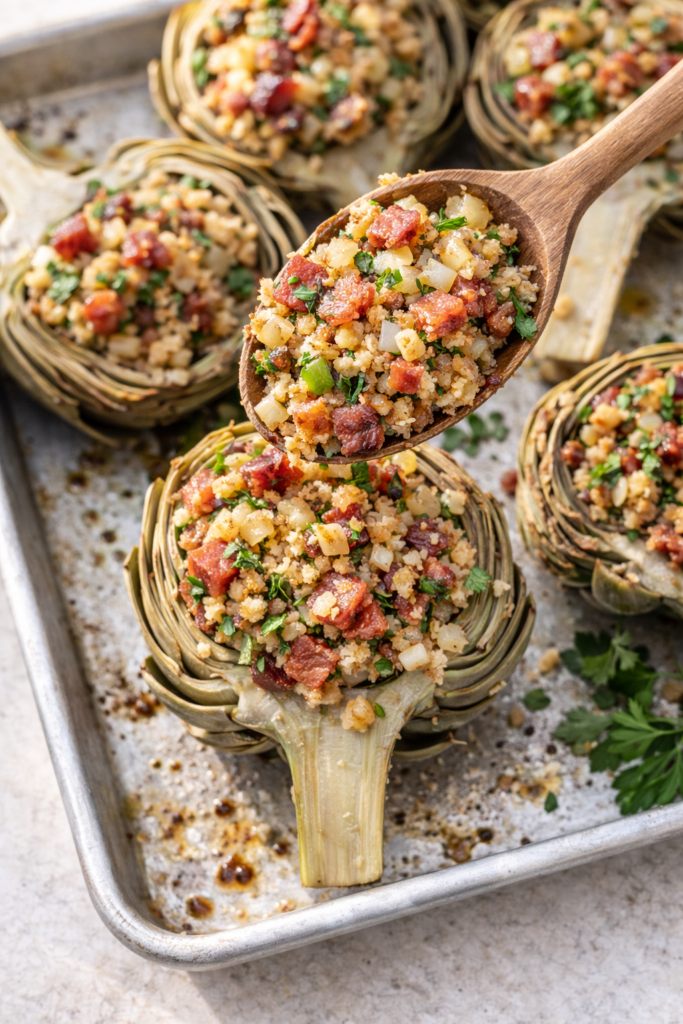 Spoonful of pancetta and herb breadcrumb stuffing being added to a halved artichoke in a baking pan before roasting.