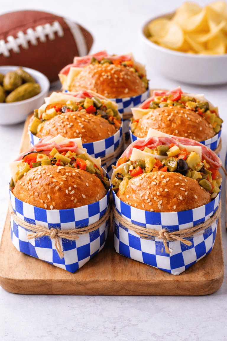 Mini muffuletta sliders on a wooden board with olive salad, salami, provolone, and sesame seed buns — perfect Super Bowl party appetizer.