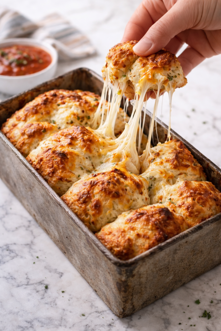 Hand pulling apart a cheesy bubble loaf made with biscuit dough, showing a gooey cheese pull in a rustic metal loaf pan on a marble countertop.