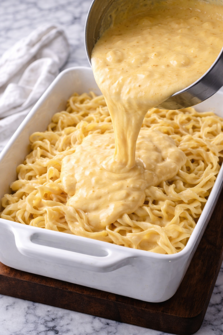 Creamy Swiss cheese sauce being poured over homemade egg noodles in a white casserole dish for a German noodle bake.