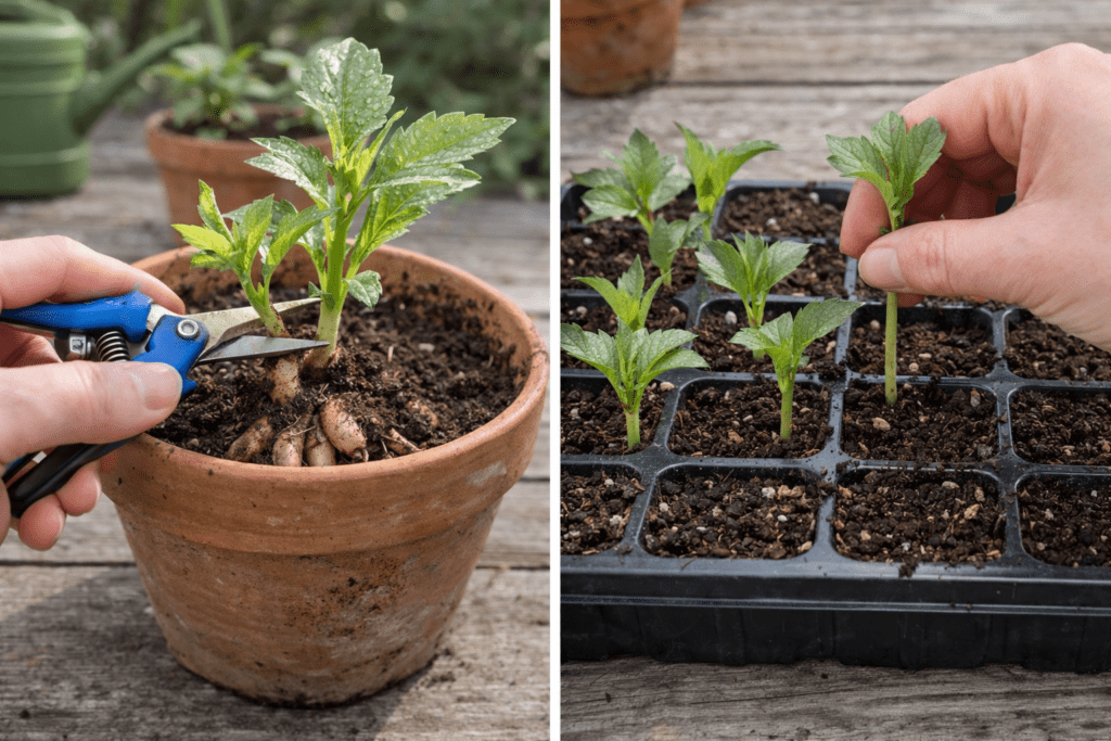 Taking dahlia cuttings from planted tubers and placing the cuttings into a soil-filled seed tray.
