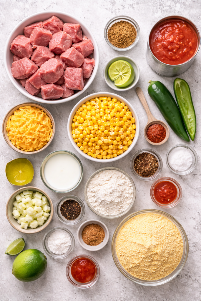 Flat lay of ingredients for homemade tamale pie including pork shoulder, cornmeal, corn, crushed tomatoes, cheddar cheese, milk, eggs, onion, garlic, spices, and chiles on a light neutral surface.