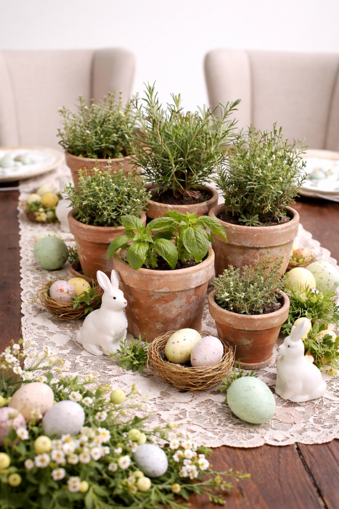 Vertical Easter table decor with stacked terracotta pots filled with fresh herbs, pastel eggs, and bunny accents styled on a rustic table with wingback chairs