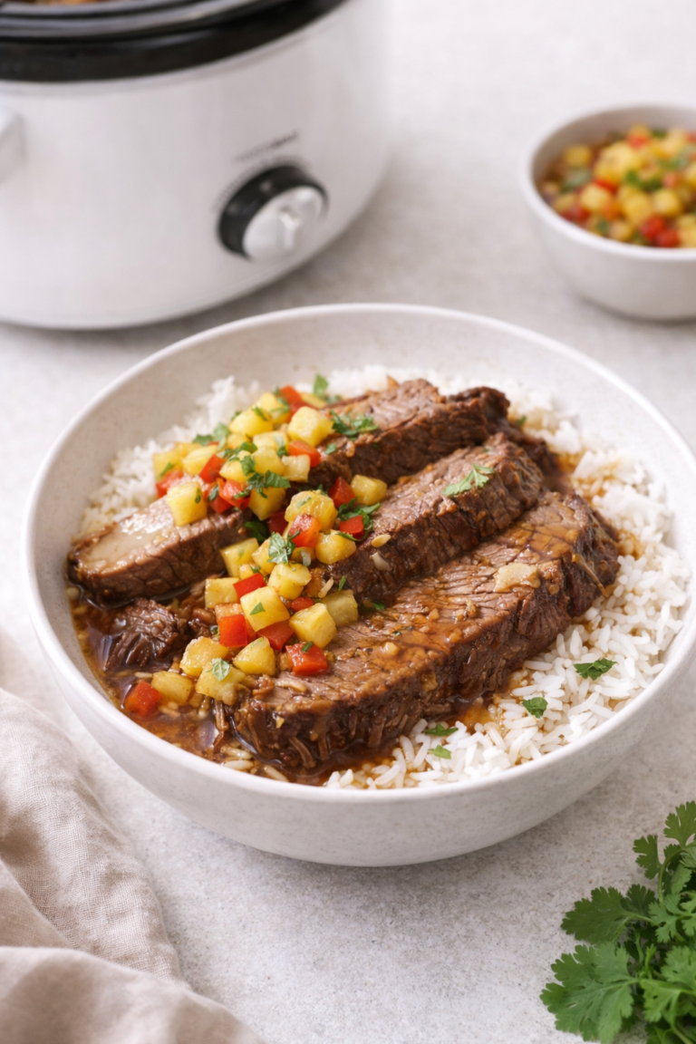 Thai-style brisket rice bowl topped with fresh pineapple relish and served with slow cooker in the background